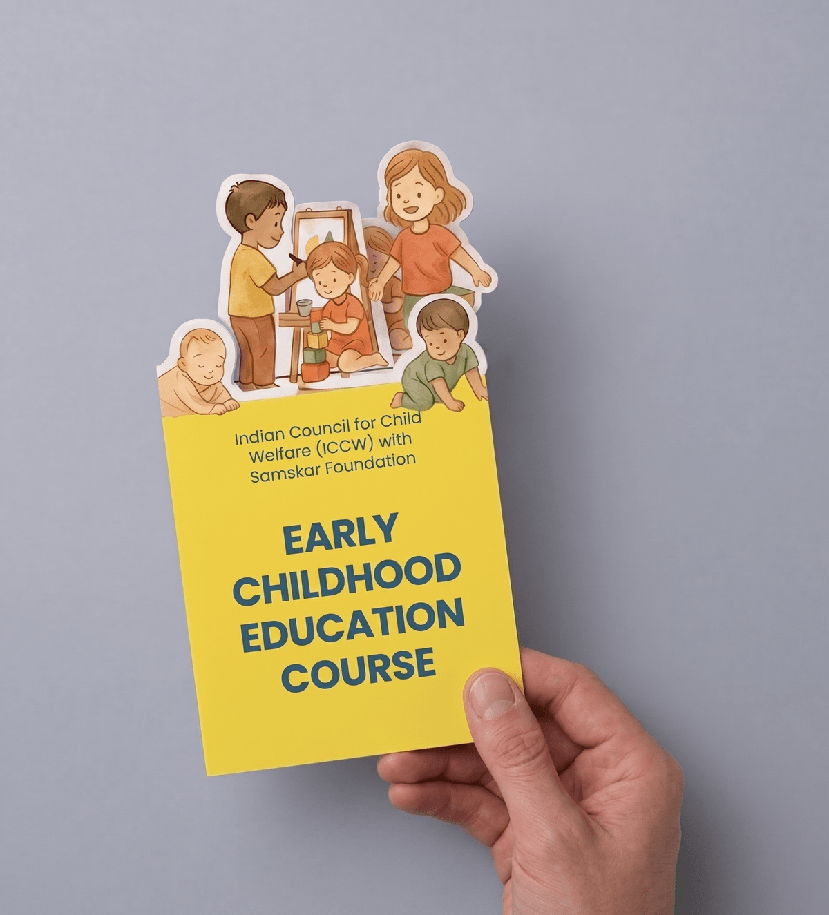 Folded brochure cover with a die-cut illustrated top edge of children