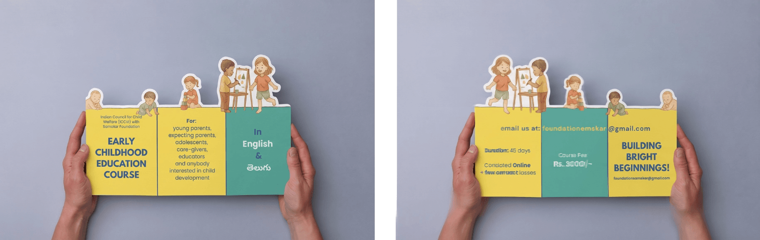 Brochure held open in two hands, showing the unfolded inside and outside