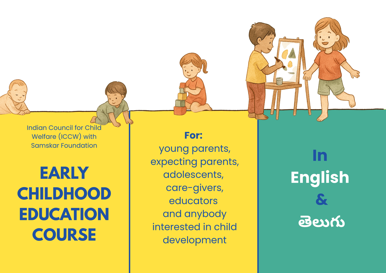 Inside spread of the brochure showing course title, target audience, and English & Telugu language note