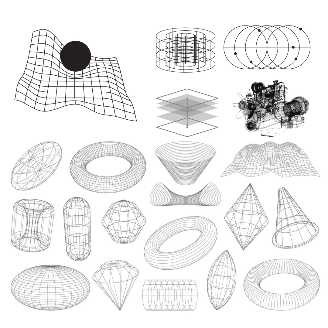 HAMSA iconography · wireframe 3D shapes